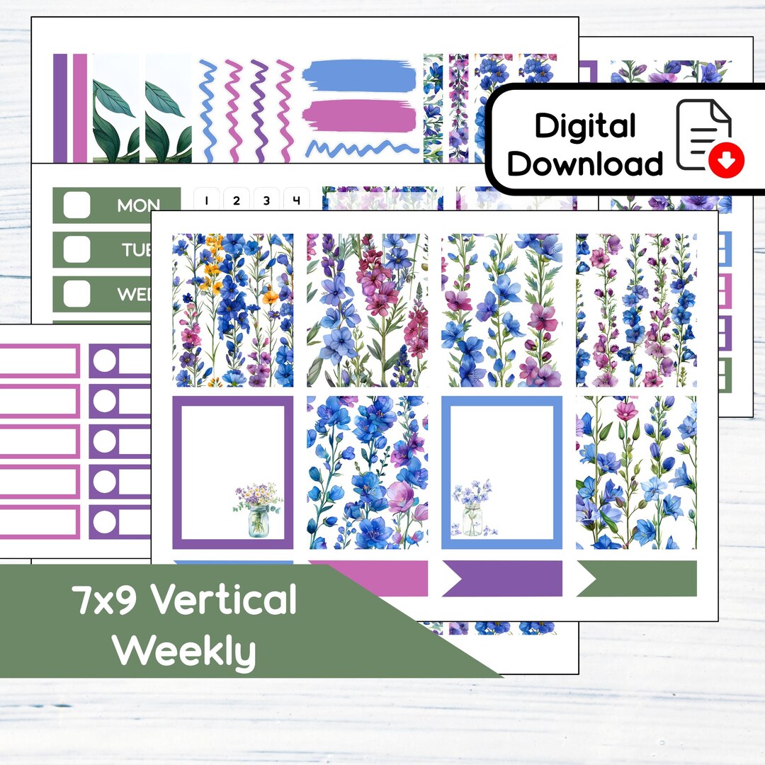 7x9 Vertical Weekly - July Larkspur Printable Weekly Sticker Kit for ...