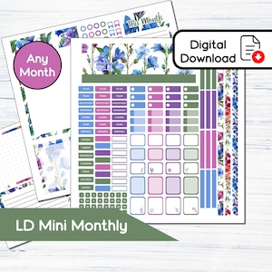 May include: A planner sticker sheet set with a floral theme. The stickers are in shades of blue, purple, and green. The set includes labels for to-do lists, appointments, and chores. The words "Digital Download" are also visible.
