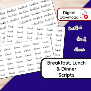 Könnte beinhalten: Druckbarer digitaler Download von 3 Blatt Aufklebern mit den Wörtern "Frühstück", "Mittagessen" und "Abendessen" in einer handschriftlichen Schriftart. Der Text "Frühstück, Mittagessen & Abendessen Skripte" ist ebenfalls enthalten.