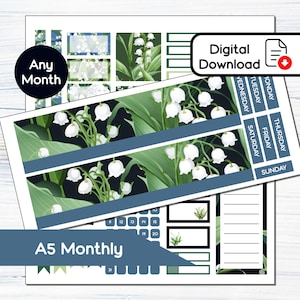 Kit de adesivos mensais para impressão mensal A5 - Lírio do Vale de maio para planejadores A5 Erin Condren - Kit de download instantâneo BF5