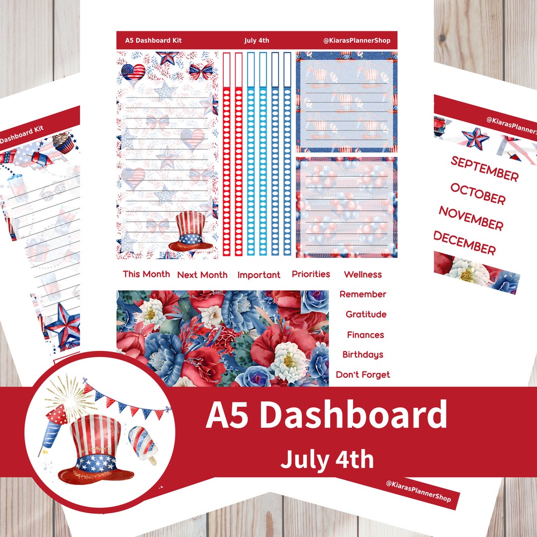 July 4th - Printable Monthly Dashboard Sticker Kit for A5 Planners ...