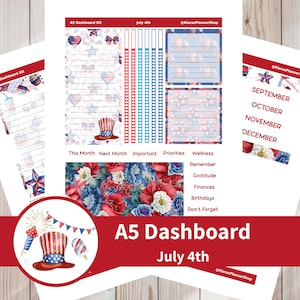 4 juli: afdrukbare maandelijkse dashboardstickerkit voor A5-planners (J4A5DASH) (5,8 x 8,3) Erin Condren ECLP