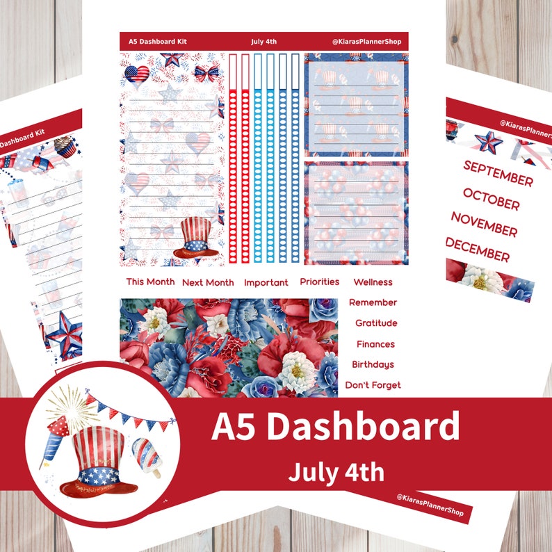 July 4th - Printable Monthly Dashboard Sticker Kit for A5 Planners ...