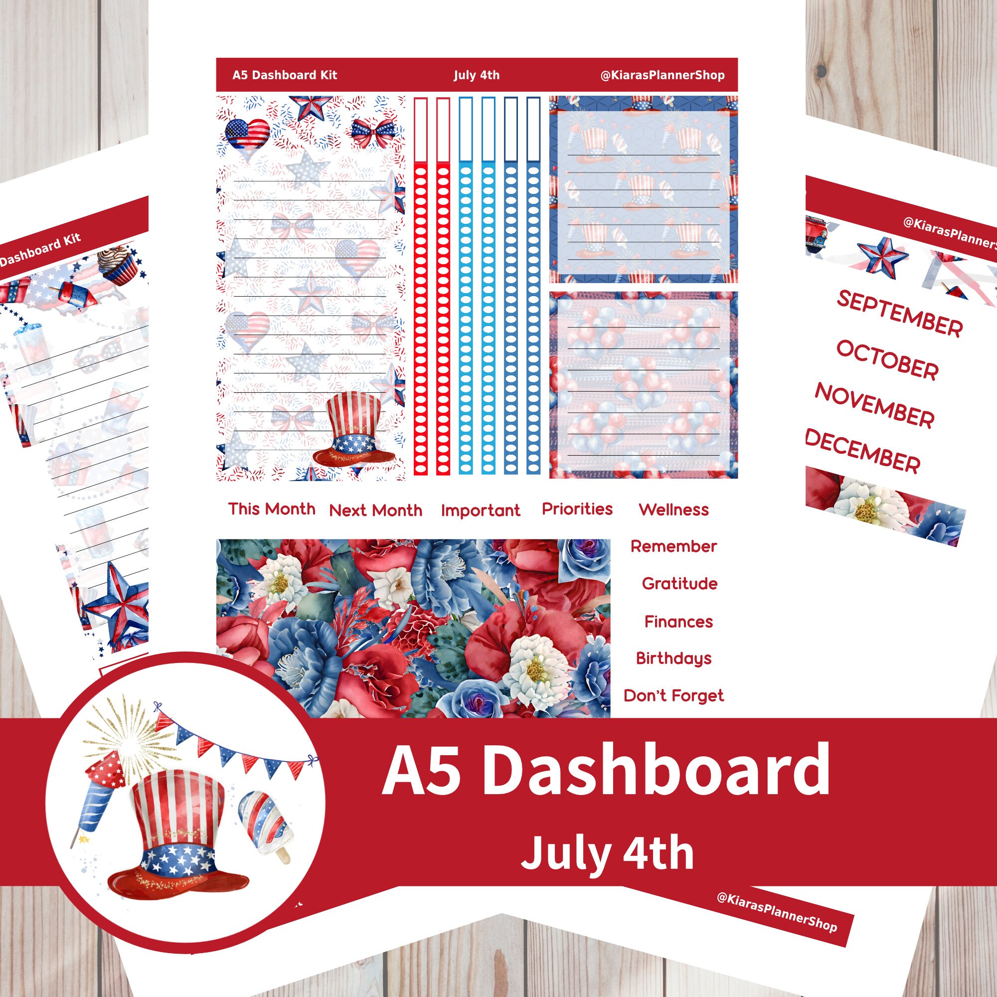 July 4th Printable Monthly Dashboard Sticker Kit for A5 Planners ...