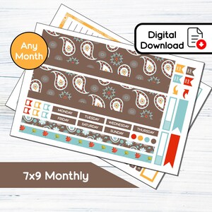 7x9 Mensal - Kit de adesivos mensais para impressão Paisley Fox para planejadores 7x9 Erin Condren - Kit de download instantâneo 106