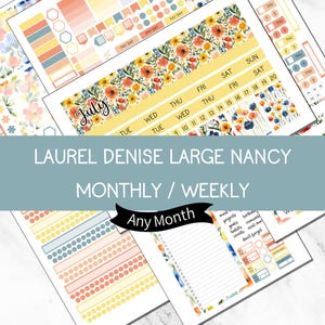 May include: A collection of planner stickers and inserts with floral and geometric designs. The stickers include labels, banners, and calendar elements. The text includes "July", "Pay Day", and "Any Month". The color palette features orange, yellow, blue, and peach.