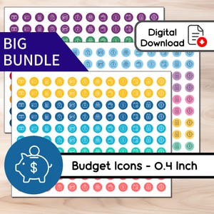 May include: A digital download graphic featuring a collection of budget icons, each approximately 0.4 inches in diameter. The icons are arranged in rows and circles, with a variety of colors including blue, yellow, and pink. Text reads "BIG BUNDLE" and "Budget Icons - 0.4 Inch."