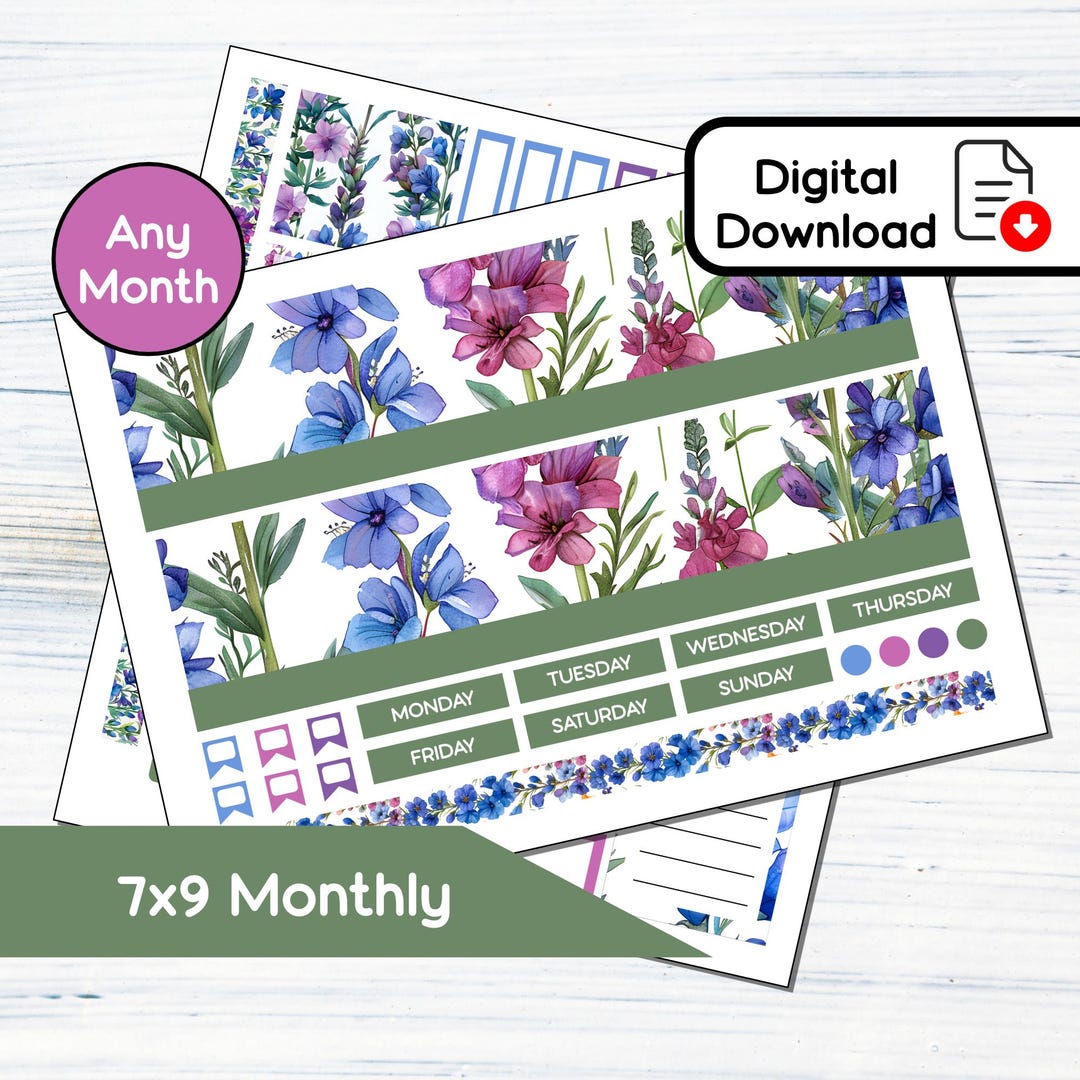 7x9 Monthly - July Larkspur Printable Monthly Sticker Kit for 7x9 ...