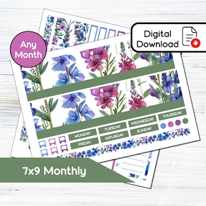 Kit de adesivos mensais para impressão 7x9 - julho Larkspur para planejadores 7x9 Erin Condren - Kit de download instantâneo BF7