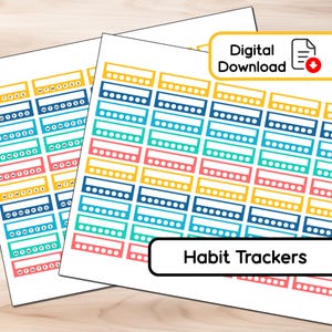 Op de afbeelding: Vellen kleurrijke habit trackers met de tekst "Habit Trackers" en "Digital Download". De trackers hebben rijen vakjes in blauw, teal, roze en geel, met stippellijnen om de voortgang te markeren.