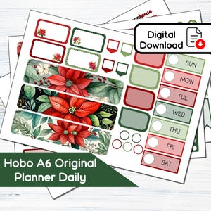 Hobonichi Original A6 Daily - Kit de adesivos diários/semanais para impressão de poinsétias (5,9x4,1) - Kit de download instantâneo 105