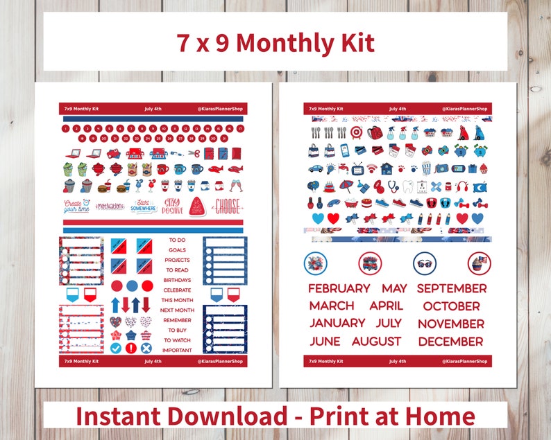 July 4th - Printable Monthly Sticker Kit for 7x9 Planners (J479M) Erin ...