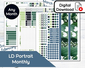 Op de afbeelding: Een digitale download van een printbare planner voor een maandelijkse kalender. De planner heeft een groen-blauw kleurenschema met een bloemenontwerp. De planner bevat een kalenderrooster, een notitiegedeelte en een gedeelte voor taken. De planner is gelabeld met "LD Portrait Monthly".