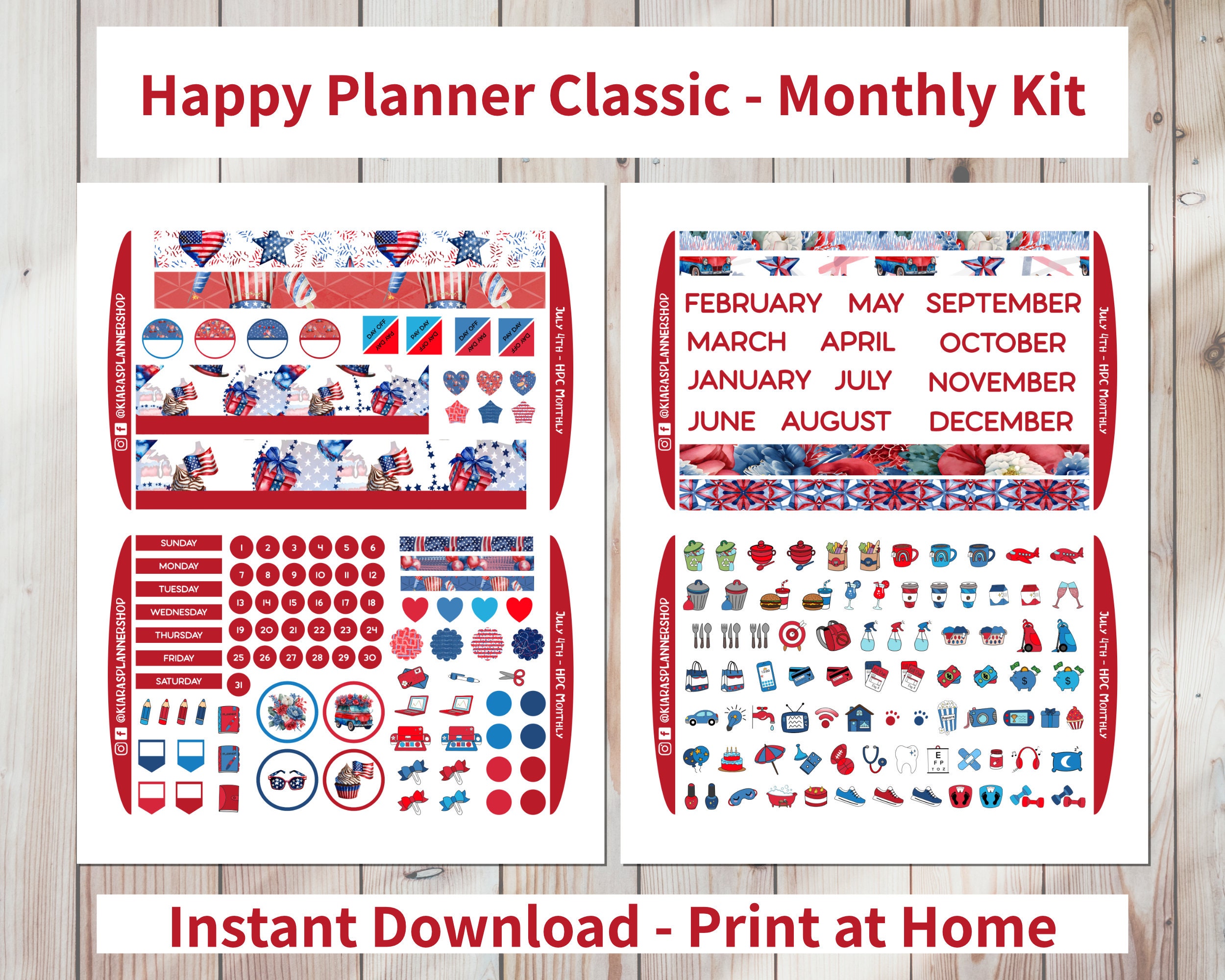 July 4th Printable Monthly Sticker Kit for Happy Planner Classic J4HPCM ...