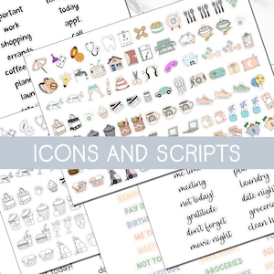 Pode incluir: Folhas de autocolantes para planeador com vários ícones e scripts. Os autocolantes incluem ícones de uma chávena de café, uma câmara, uma casa e um bolo. O texto "ICONS AND SCRIPTS" é exibido.