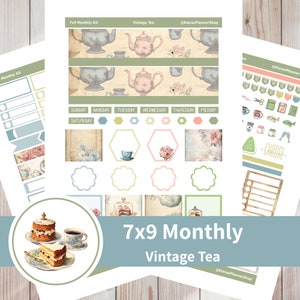 Chá Vintage - Kit de adesivos mensais imprimíveis para planejadores 7x9 (VT79M) Erin Condren ECLP