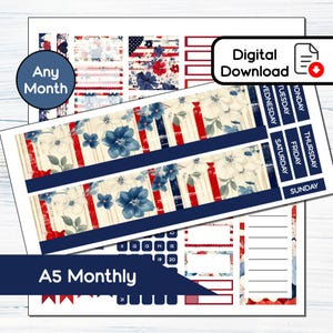 Kit de adesivos mensais para impressão A5 Monthly - Patriotic Shabby Chic para planejadores A5 Erin Condren - Kit de download instantâneo SP8