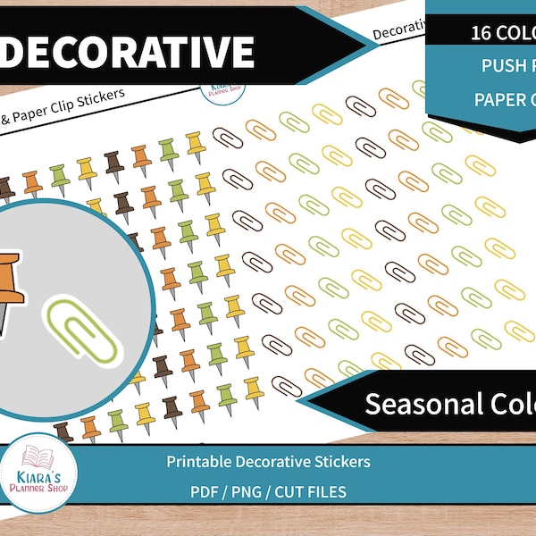 Push Pin and Paper Clip Decorative Printable Stickers for Planners and Journals -  448 Stickers - 16 Seasonal Colors (PPDS)