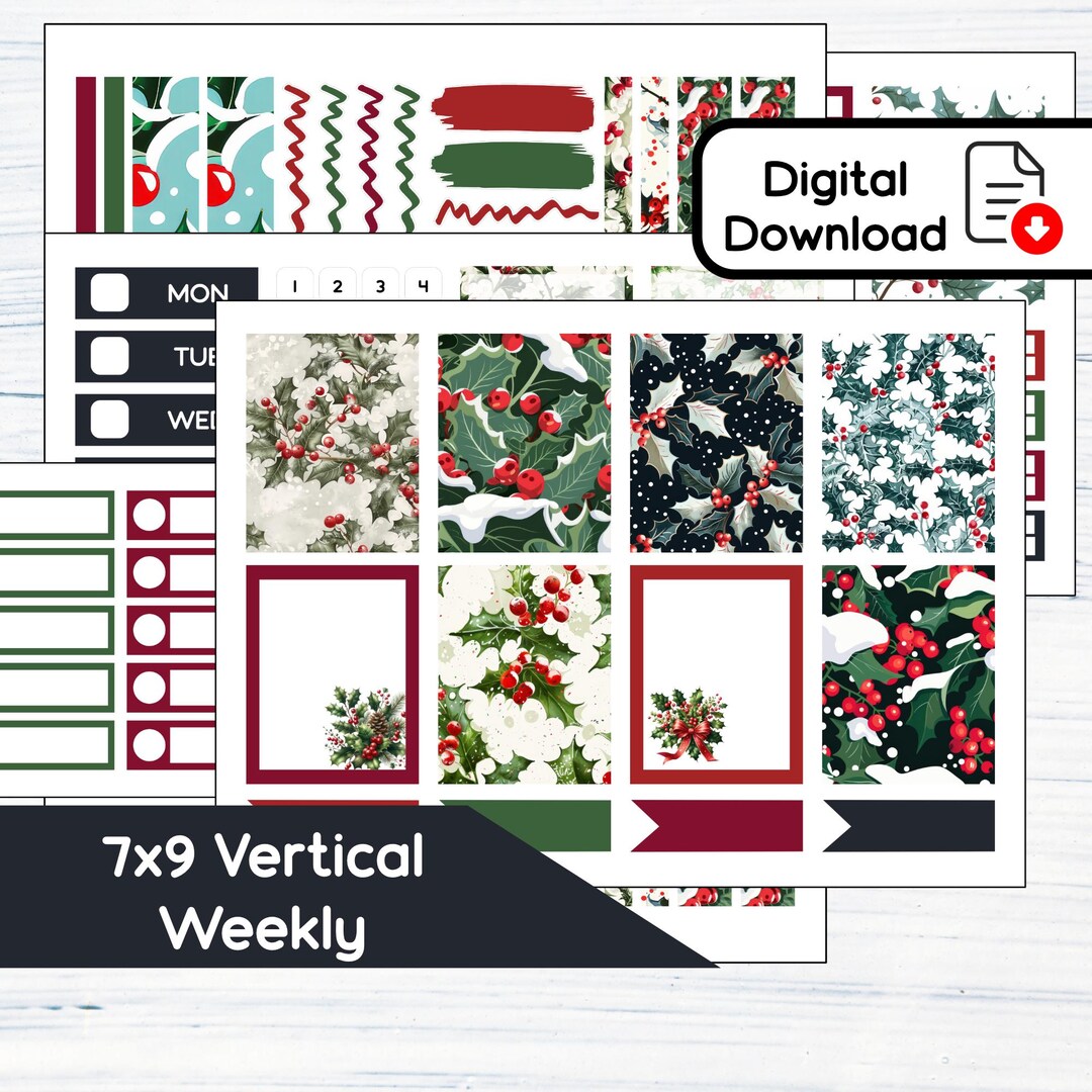 7x9 Vertical Weekly - December Holly Printable Weekly Sticker Kit for ...