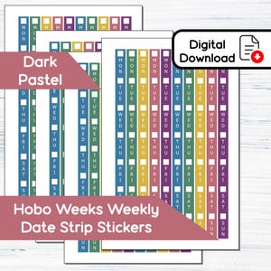 Tiras de datas semanais Hobonichi Weeks - Adesivos imprimíveis em cores pastel escuras - 4 estilos - 5 cores