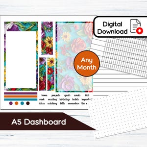A5 Dashboard - Malowany kwiatowy zestaw naklejek na deskę rozdzielczą do planerów A5 Erin Condren - Zestaw do natychmiastowego pobrania SP1