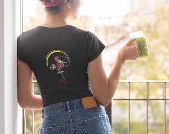 Camiseta de algodón orgánico para mujer, serie botánica, rosa salvaje