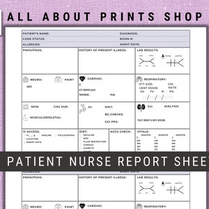May include: A printable patient nurse report sheet with sections for patient information, allergies, history of present illness, lab results, neuro, pain, cardiac, respiratory, skin, CHG due, musculoskeletal, IV access, diet, vital signs, and more. The sheet is designed for use by nurses and other healthcare professionals.