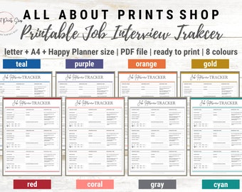 Job Interview Tracker Printable, Job Search Tracker | Ready to Print | 8 Different Colours | 3 Sizes with Happy Planner Size