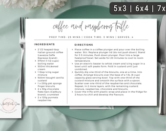 Recipe Card Template | Editable Minimalist Recipe Card | Printable Recipe Card for Recipe Box | 5x3 6x4 7x5