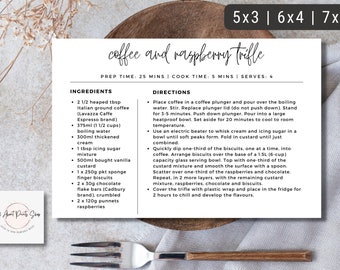 Recipe Card Template | Editable Minimalist Recipe Card | Printable Recipe Card for Recipe Box | 5x3 6x4 7x5