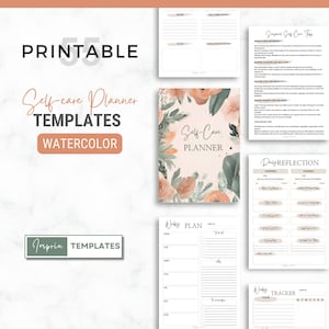 May include: Printable self-care planner templates featuring watercolour floral designs. The templates include a weekly plan, daily reflection, and a weekly mood tracker.