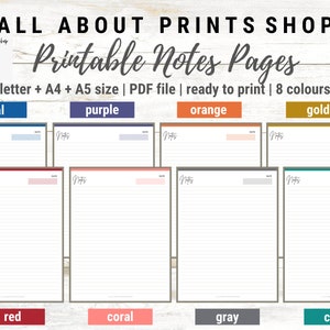 Printable Notes Pages | Note Taking Template | Blank Lined, Dot Grid Graph Paper Inserts | Ready to Print | 8 Different Colours | 3 Sizes