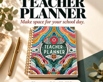 May include: A spiral-bound teacher planner with a colorful, intricate mandala-style pattern on the cover. The cover features the text "TEACHER PLANNER" in white. A gold pen lies to the left of the planner. The text "75 pages • Printable PDF" is visible.