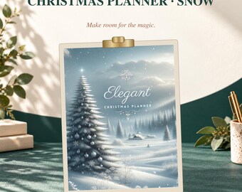 Könnte beinhalten: Ein digitaler, ausdruckbarer Weihnachtsplaner mit einer verschneiten Landschaft, einem geschmückten Tannenbaum und dem Text Elegant Christmas Planner. Das Dokument wird von einem goldenen Clip gehalten und zeigt eine Winterszene.