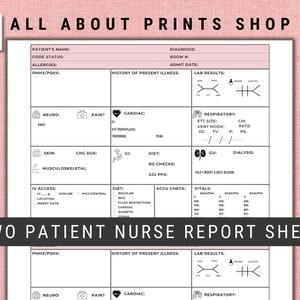 May include: A printable two-patient nurse report sheet with pink accents. The sheet includes sections for patient information, medical history, lab results, and vital signs. The text "ALL ABOUT PRINTS SHOP" is at the top. The text "TWO PATIENT NURSE REPORT SHEET" is at the bottom.