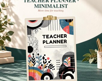 May include: A digital teacher planner cover page featuring the text TEACHER PLANNER in bold black letters. The design includes abstract geometric shapes, circular patterns, and stylized floral motifs in black, red, blue, and yellow on a white background.
