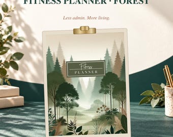 May include: A fitness planner with a forest-themed cover featuring green and beige trees, a central label reading Fitness Planner, and a gold clip at the top. The text IMPRINTEMPLATES, FITNESS PLANNER FOREST, and Less admin. More living. appear above.