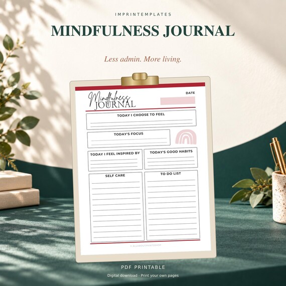 Mindfulness Journal Printable, Daily Reflection Prompts and Notes