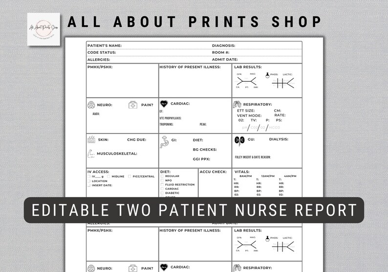 2 Patient Nurse Report Sheet Editable CVICU Report Sheet Etsy