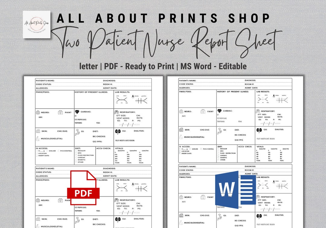 2 Patient Nurse Report Sheet Editable CVICU Report Sheet Medsurg Report