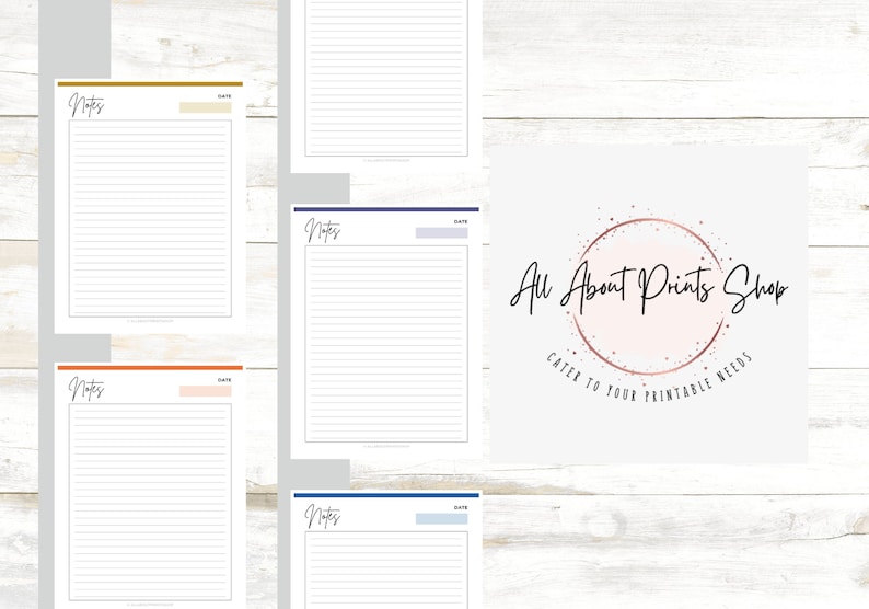 May include: A collection of printable note pages featuring horizontal lines, a header with the word Notes, and a date field. Each page has a distinct colored top border and matching date box. A logo reads All About Prints Shop Cater To Your Printable Needs.