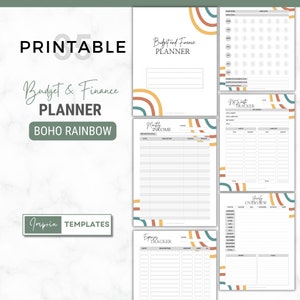 Op de afbeelding: Printbare budget- en financiële planner met een boho regenboogontwerp. De planner bevat pagina's voor maandelijkse inkomsten, uitgaven, het bijhouden van het eigen vermogen en een jaaroverzicht.