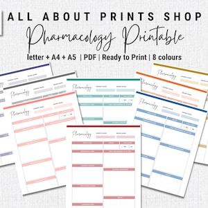 May include: Printable pharmacology study sheets in eight different colors: blue, gray, pink, teal, red, orange, brown, and light blue. The sheets are labeled "Pharmacology" and include sections for drug name, drug class, mechanism of action, side effects, and contraindications. The sheets are available in letter, A4, and A5 sizes.