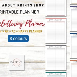 May include: Printable decluttering planner with the text "Decluttering Planner" in a cursive font. The planner is available in Letter, A4, A5, and Happy Planner sizes, and comes in 8 colours. The image also shows several planner pages.