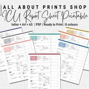 May include: Printable ICU report sheets in eight different colors. The sheets are designed for letter, A4, and A5 paper sizes. The text on the sheet reads "Report Sheet".