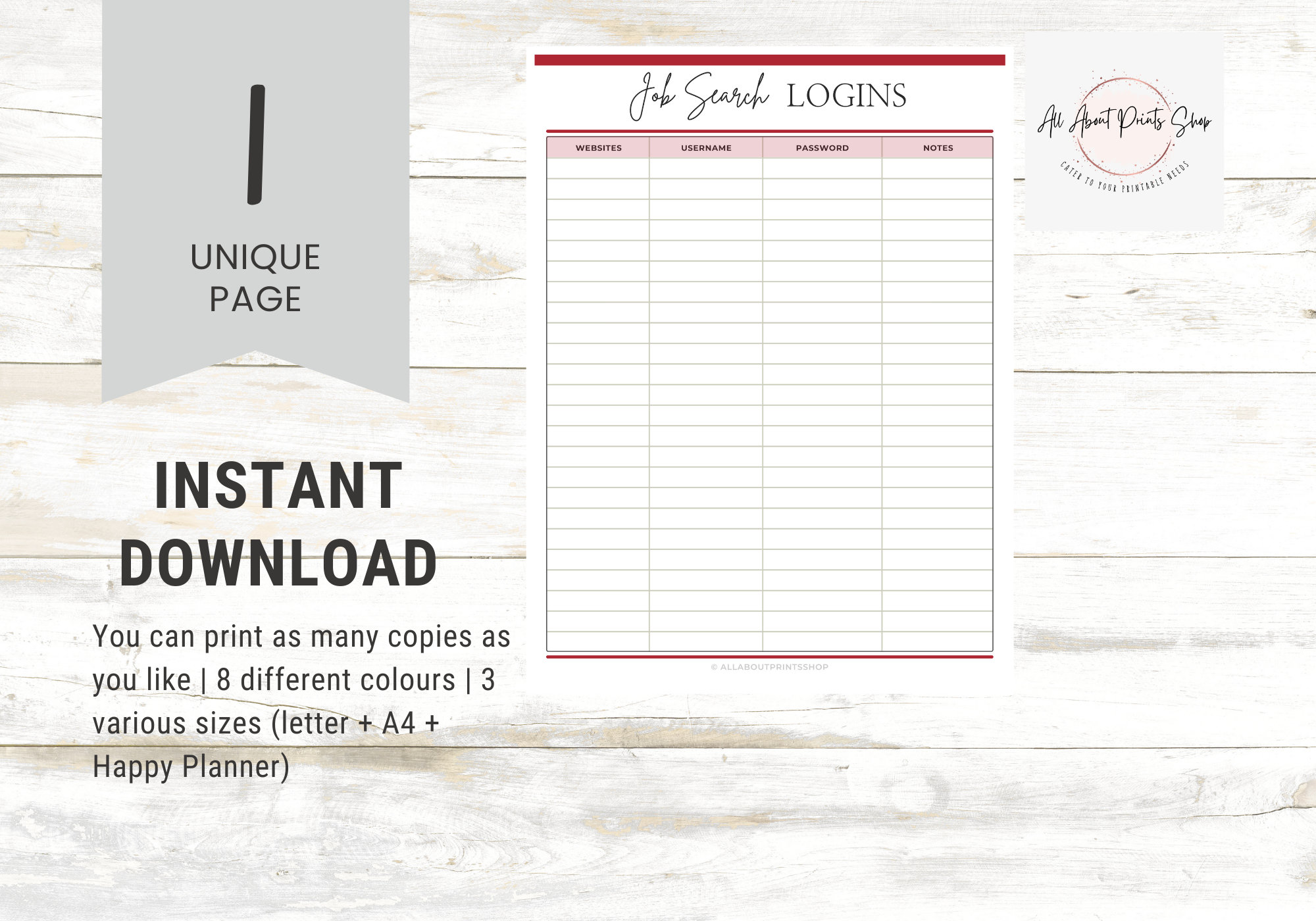 Job Search Logins Printable, Job Search Tracker Ready to Print 8 ...