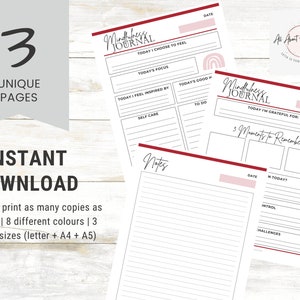 May include: Three printable mindfulness journal pages featuring black text on white paper with red top borders and pink accents. The pages include sections for daily focus, gratitude, self-care, and notes, with a small rainbow graphic on one page.
