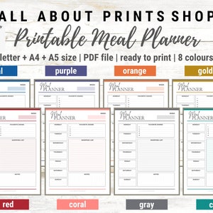 Printable Meal Planner | Weekly Meal Prep Journal Inserts | Menu Planner Template | Ready to Print | 8 Different Colours | 3 Sizes