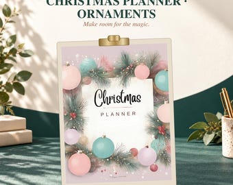 May include: A clipboard holding a Christmas planner page with a wreath design of pine branches, red berries, and pastel pink and teal ornaments. The text reads Christmas PLANNER. The top of the image displays IMPRINTEMPLATES, CHRISTMAS PLANNER ORNAMENTS, and Make room for the magic. The bottom text reads PDF PRINTABLE and Digital download Print own pages.