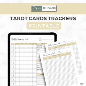 Op de afbeelding: Printbare tarotkaarttrackers met een beige achtergrond. De trackers zijn ontworpen om de grote en kleine arcana-kaarten te volgen die tijdens een tarotlezing worden getrokken. De trackers hebben kolommen voor het kaartnummer, het pak en een ruimte om de getrokken kaart te markeren. De trackers zijn gelabeld met "Maandelijkse Tarot Samenvatting".